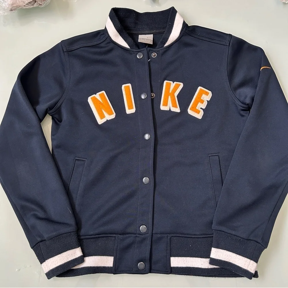 Nike Dark Blue Varsity Jacket with Orange Nike Logo Size Small